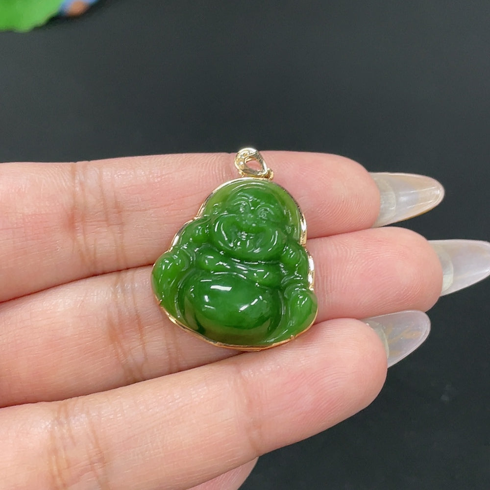 Hetian Jade Inlaid Pendant - Buddha, Total Weight Approx. 5.4g, 18K Gold with Diamond Accents