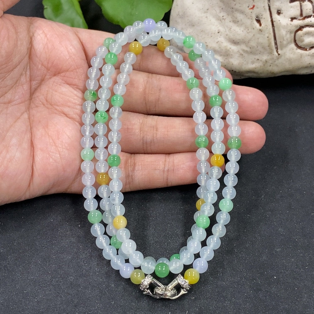 Yellow jadeite bead necklace with 4.9mm beads, approximately 31.89g, featuring undetermined color origin, by HKHQ.