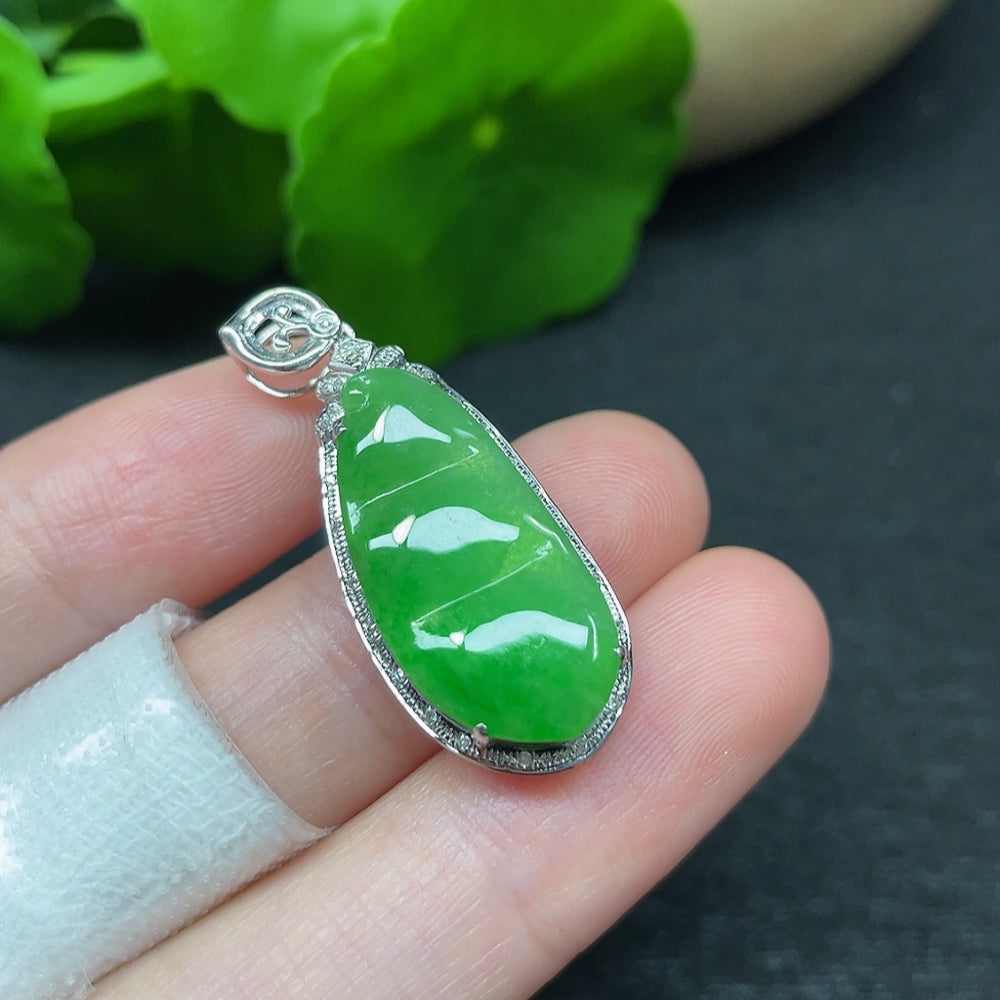 Jadeite Lucky Bean Pendant with 18K Gold and Diamond Accents