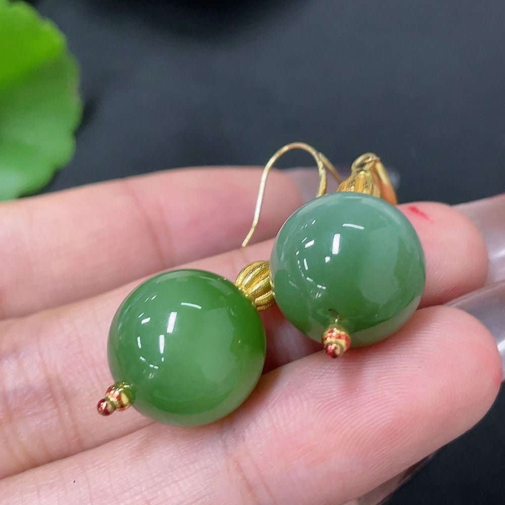 Hetian Jade Inlaid Earrings (Marked in Red + String Non-Gold, Rest 18k Gold, Card 14mm Approx., Total Weight Approx. 9.6g)