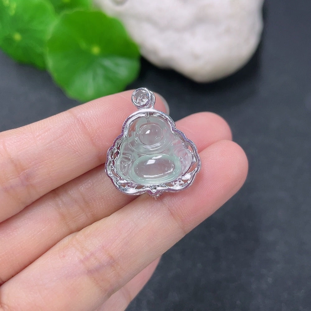 Jadeite inlaid Buddha pendant necklace in 18k gold with diamond accents, weighing approximately 3.63g, from HKHQ.