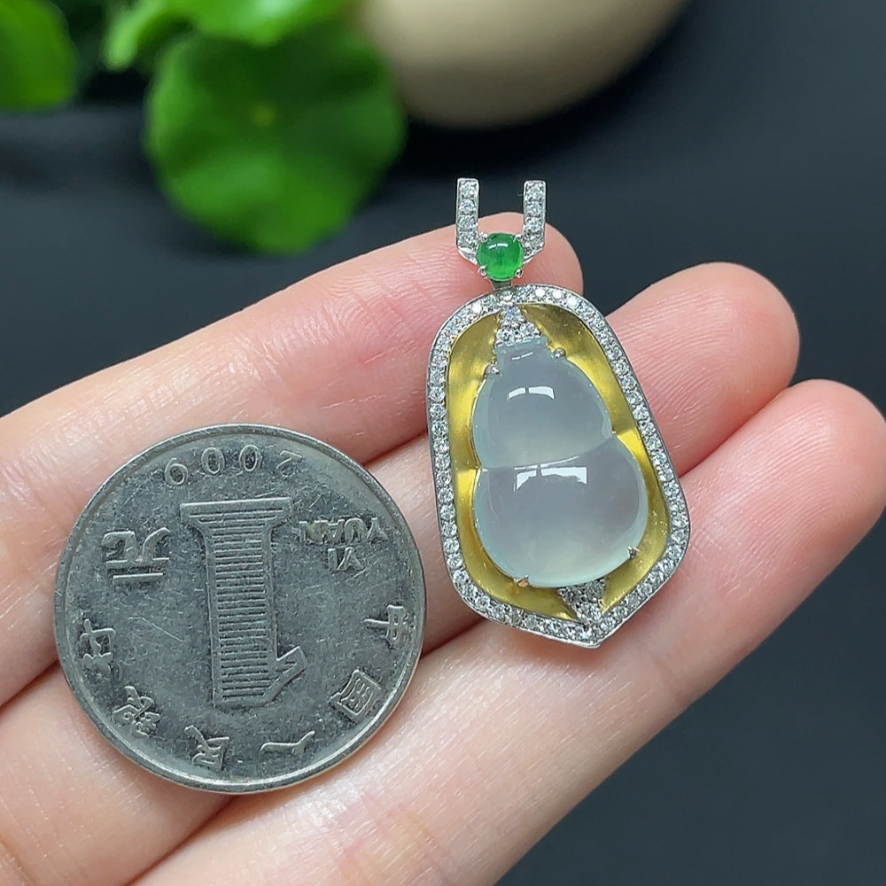 Jadeite Gourd Inlaid Pendant 18k with Diamond Accents