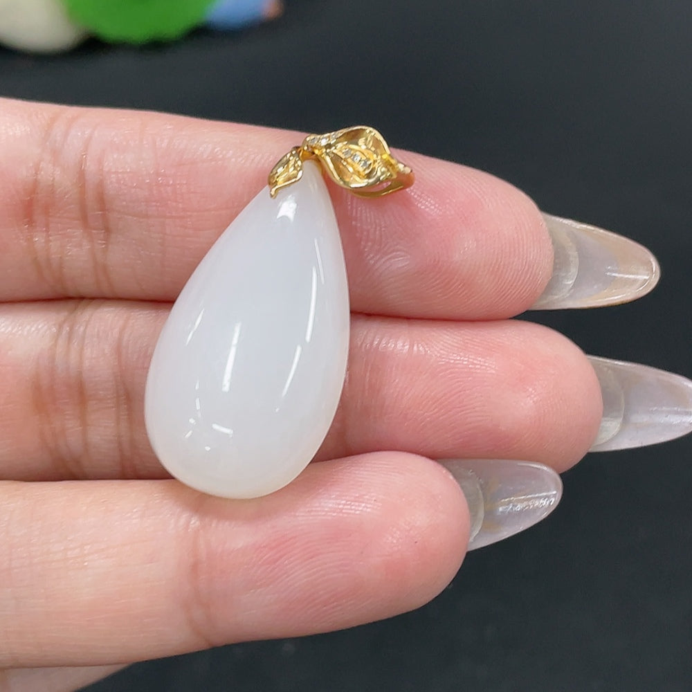 Hetian Jade Inlaid Pendant, Water Drop, Total Weight Approx. 7.4g, 18k Gold with Diamond Accents