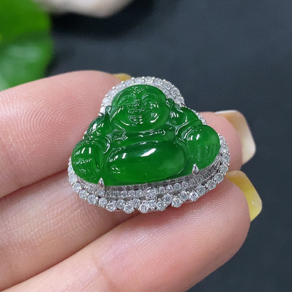 Jadeite Inlaid Buddha Pendant with 18K Gold and Diamond Accents, Total Weight Approx. 5.5g