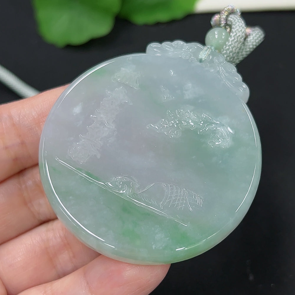 Jadeite landscape pendant with rope, crafted from green jade, weighing approximately 43g, by HKHQ, showcasing detailed carvings.