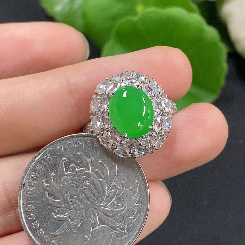 Jadeite Cabochon Solitaire Ring with 18K Gold and Diamond Accents