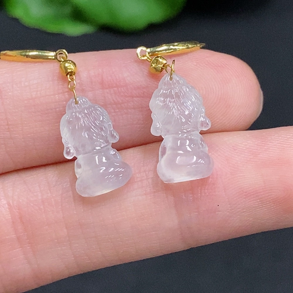 Jadeite Baby Buddha Inlaid Earrings 18K Gold Total Product Weight Approximately 1.9g
