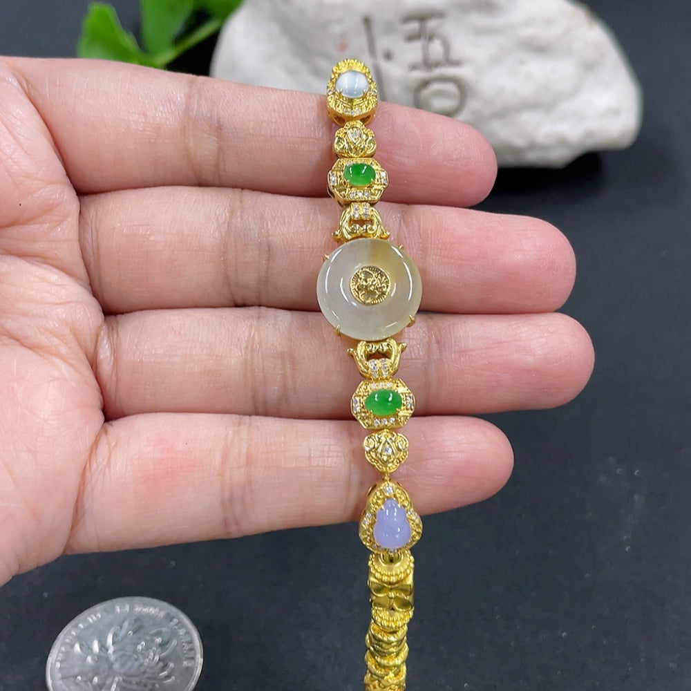 Jadeite Inlaid Bracelet Marked Red + Main Body + 18k Gold Link Clasps, Remaining Au Content Approximately 99%, Accented with Diamonds, Hollow Gold Fragile, Total Product Weight Approximately 8.57g