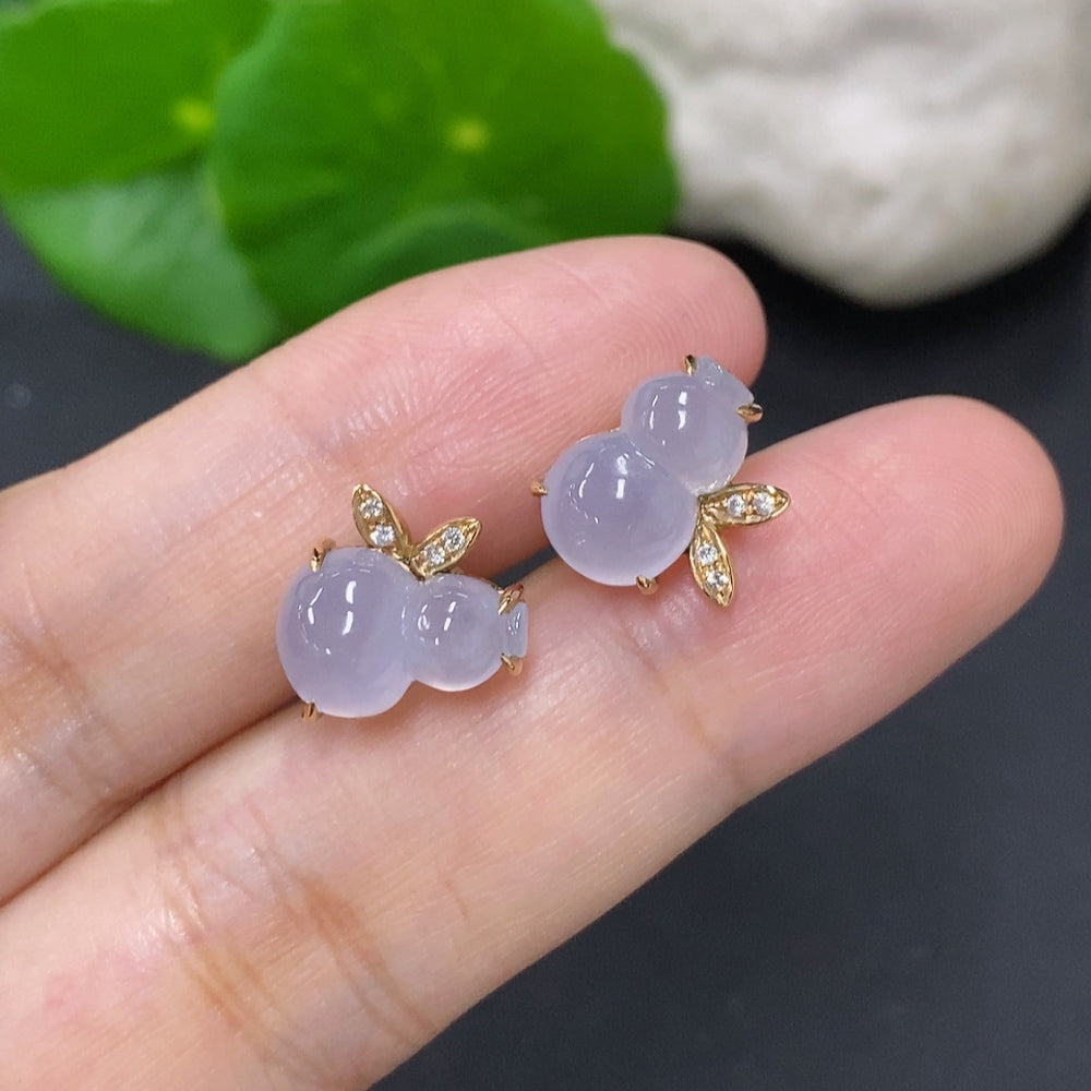 Jadeite Gourd Inlaid Earrings 18K Gold Total Weight Approximately 3.1g Without Ear Backs (Accented with Diamonds)