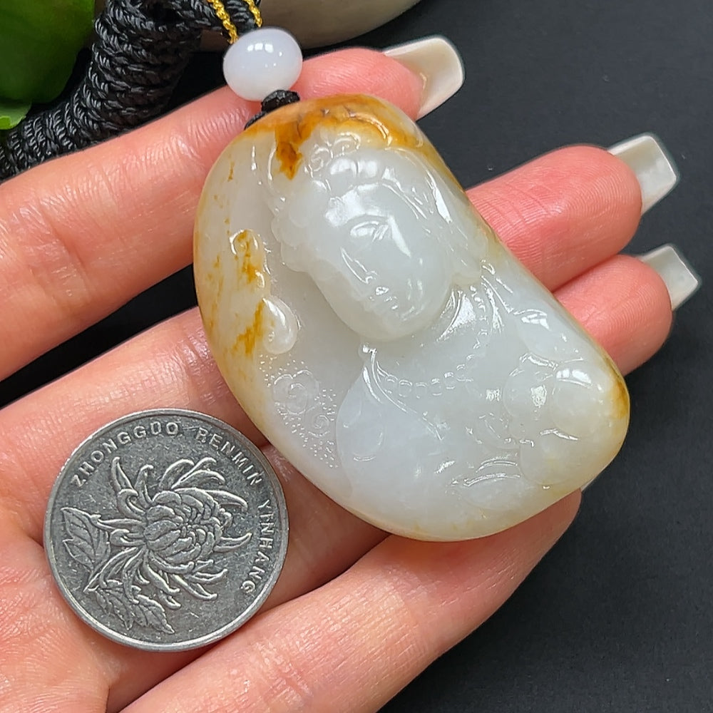 Hetian Jade Guanyin Pendant, color origin undetermined, including rope