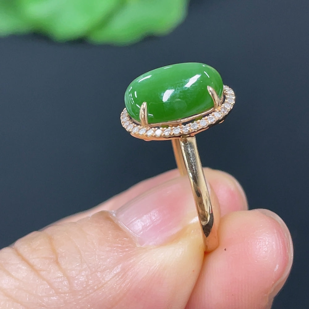 Hetian Jade Jasper Cabochon Inlaid Ring with 18k Gold, Accented with Diamonds