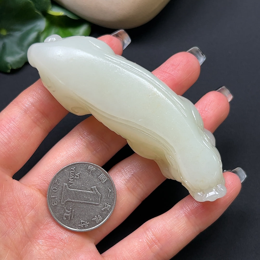 Hetian jade Pixiu pendant from HKHQ, carved jade jewelry with intricate details, weighing approximately 80g.