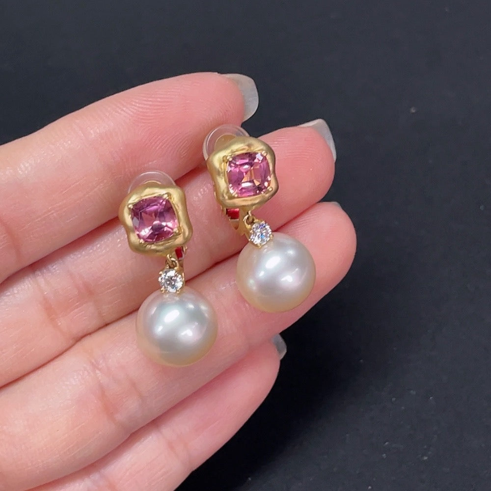 Saltwater Pearl Earrings with Diamond and Tourmaline Accents
