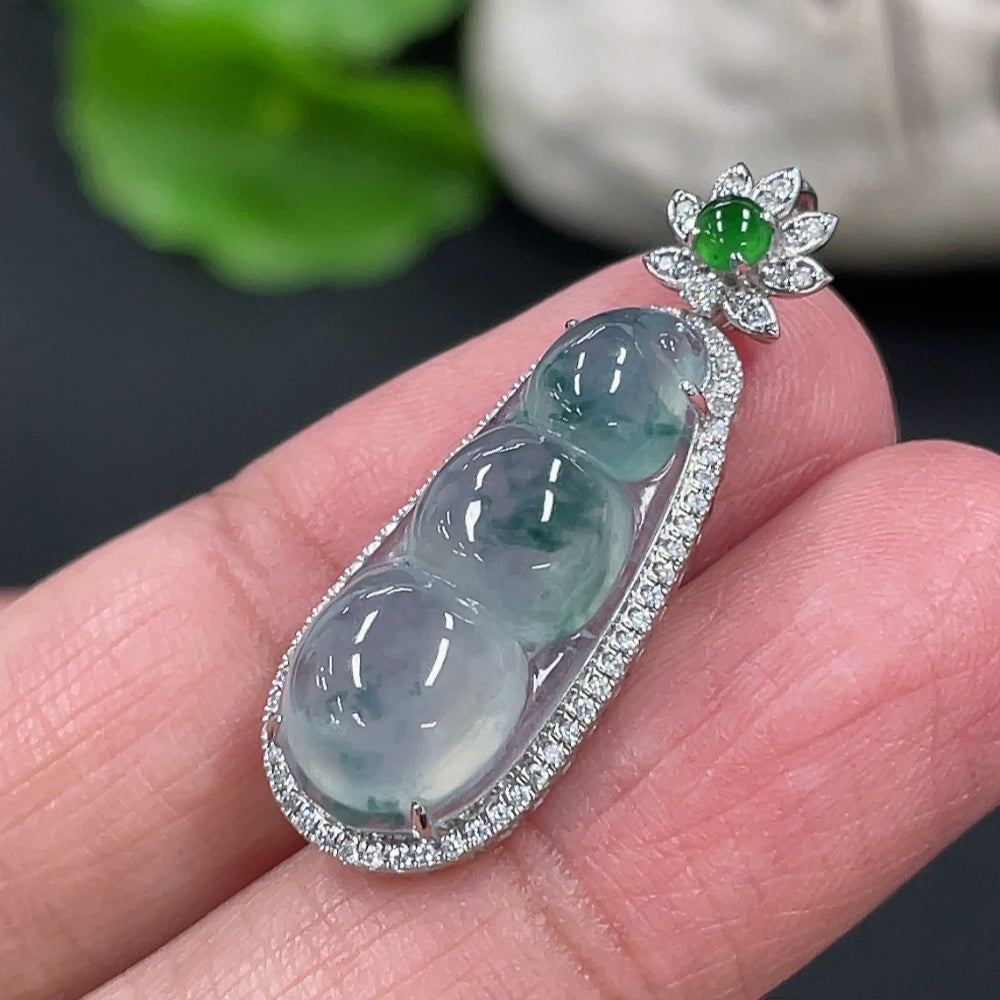 Jadeite Lucky Bean Pendant with 18K Gold and Diamond Accents, Total Weight Approx. 2.67g