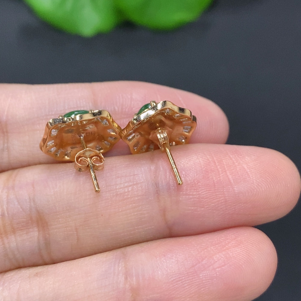 Jadeite Cabochon Stud Earrings 18K Gold (Accented with Diamonds)