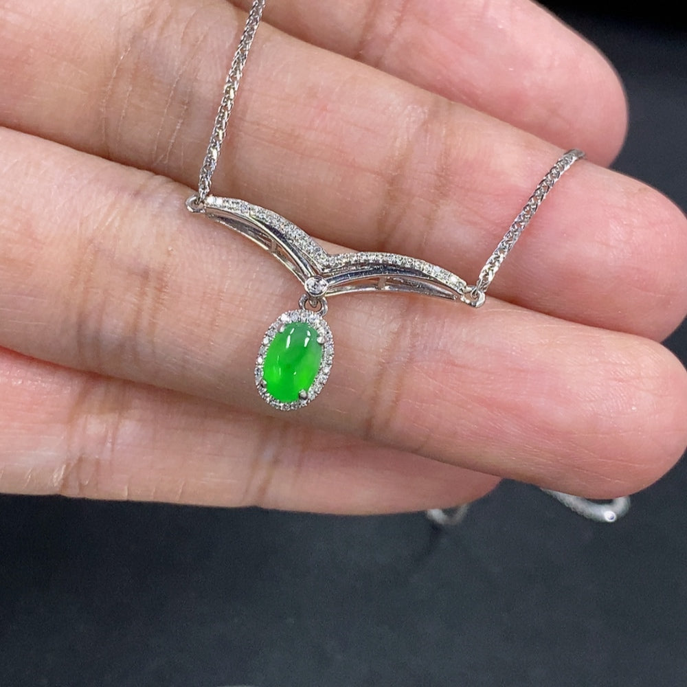Jadeite Cabochon Pendant Necklace with 18K Gold and Diamond Accents