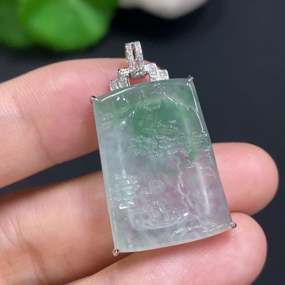 Jadeite Landscape Inlaid Pendant 18K Gold Total Weight Approx. 4.9g