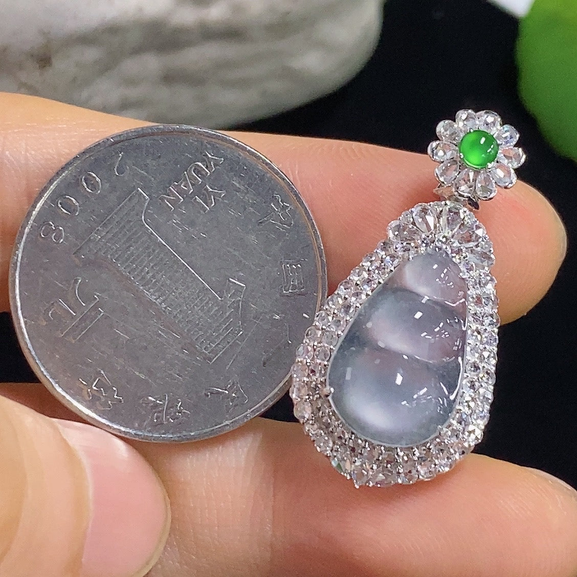 Jadeite Fudu Bean Inlaid Pendant 18k with Diamond Accents Total Weight Approximately 3.47g