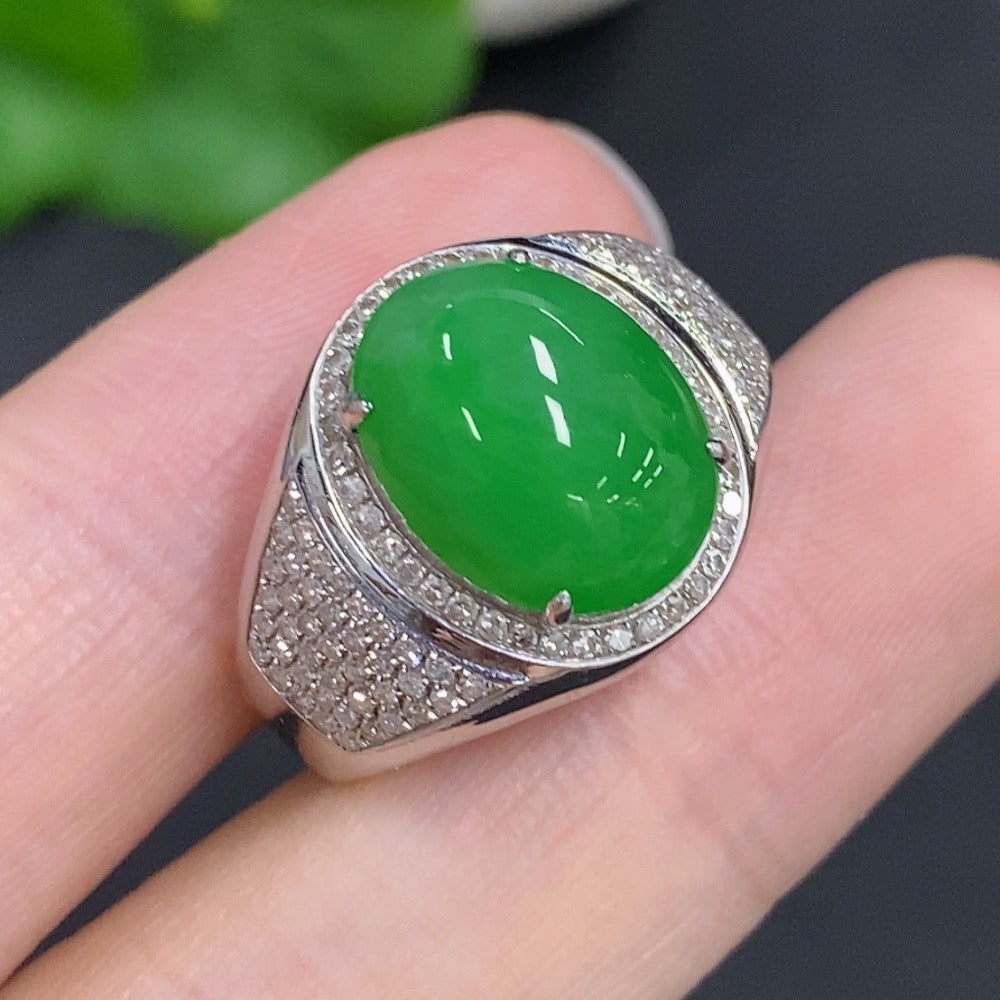 Jadeite Cabochon Ring 18k Gold Total Weight Approx. 6.7g Adjustable Size with Diamond Accents