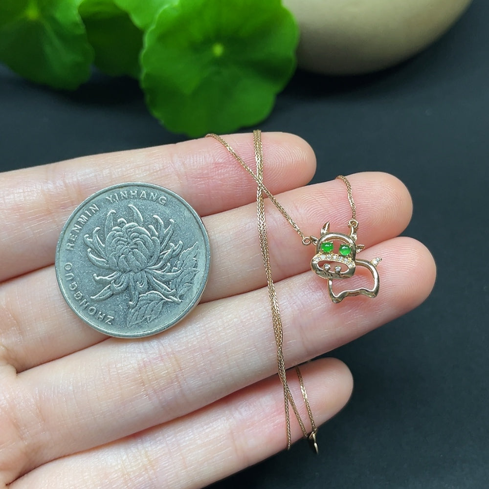 Jadeite Cabochon Pendant Necklace with 18K Gold and Diamond Accents, Total Weight Approximately 1.34g Including Chain