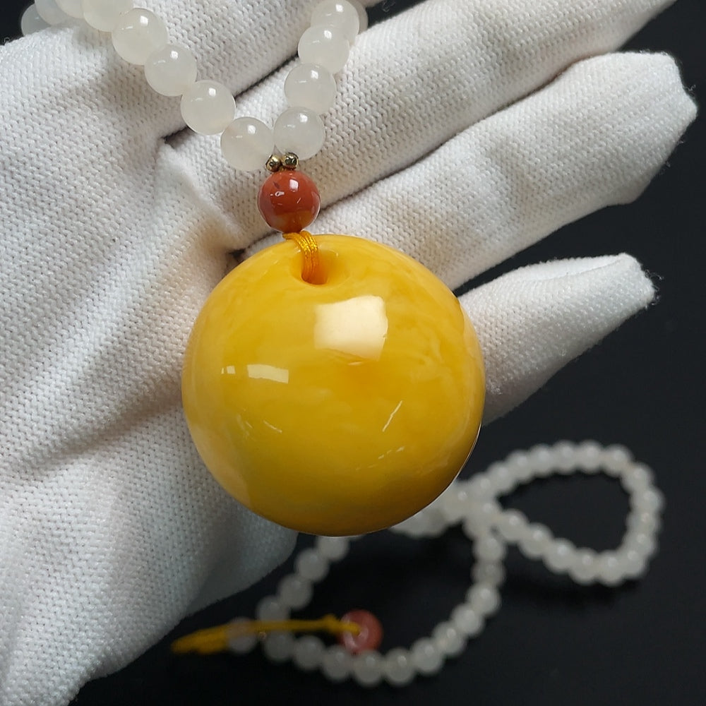 Amber Beeswax Pendant with Hetian Jade, Turquoise, and Southern Red Agate, Containing Other Mineral Components, Non-Gold