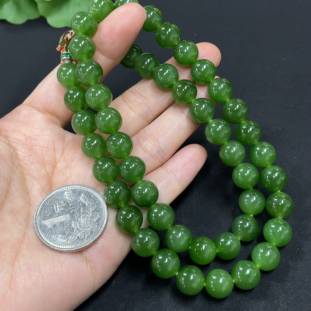 Green Hetian Jade Bead Necklace, Non-Gold