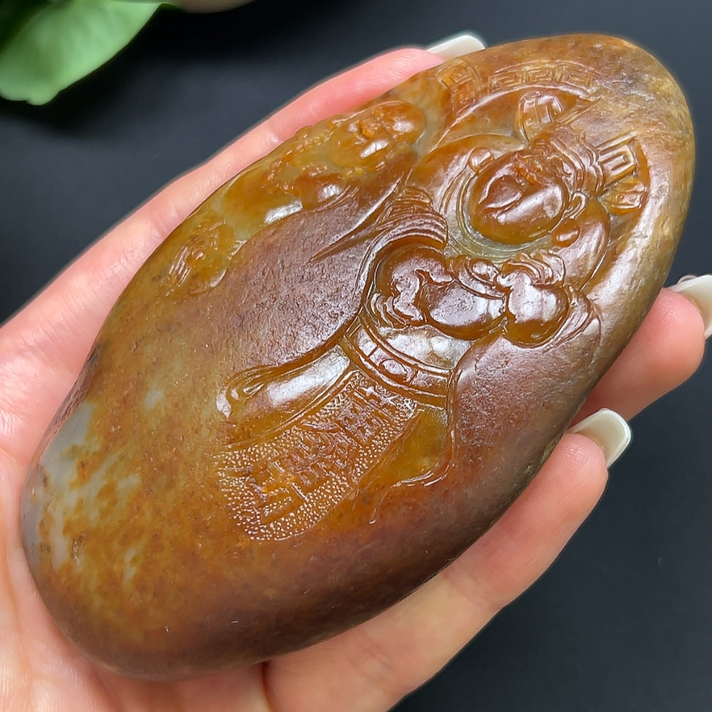 Hetian Jade Double Blessings Handheld Piece, color origin undetermined, contains other mineral components