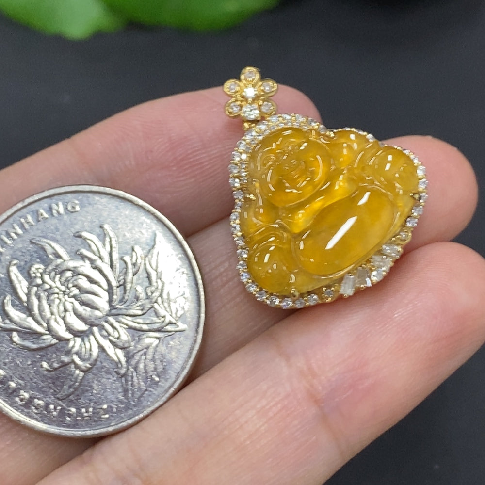 Jadeite Buddha inlay pendant 18K gold (with diamond inlays) (Color origin undetermined) (Base precious metal affects product color)