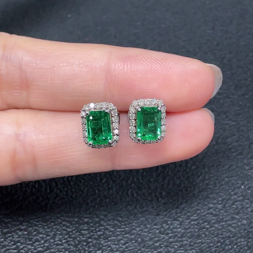 Emerald earrings, clarity enhanced, non-gold, diamond-accented