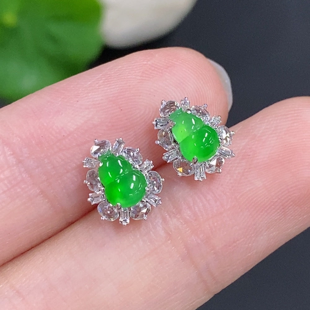 Jadeite Gourd Inlaid Earrings 18k Gold with Diamond Accents
