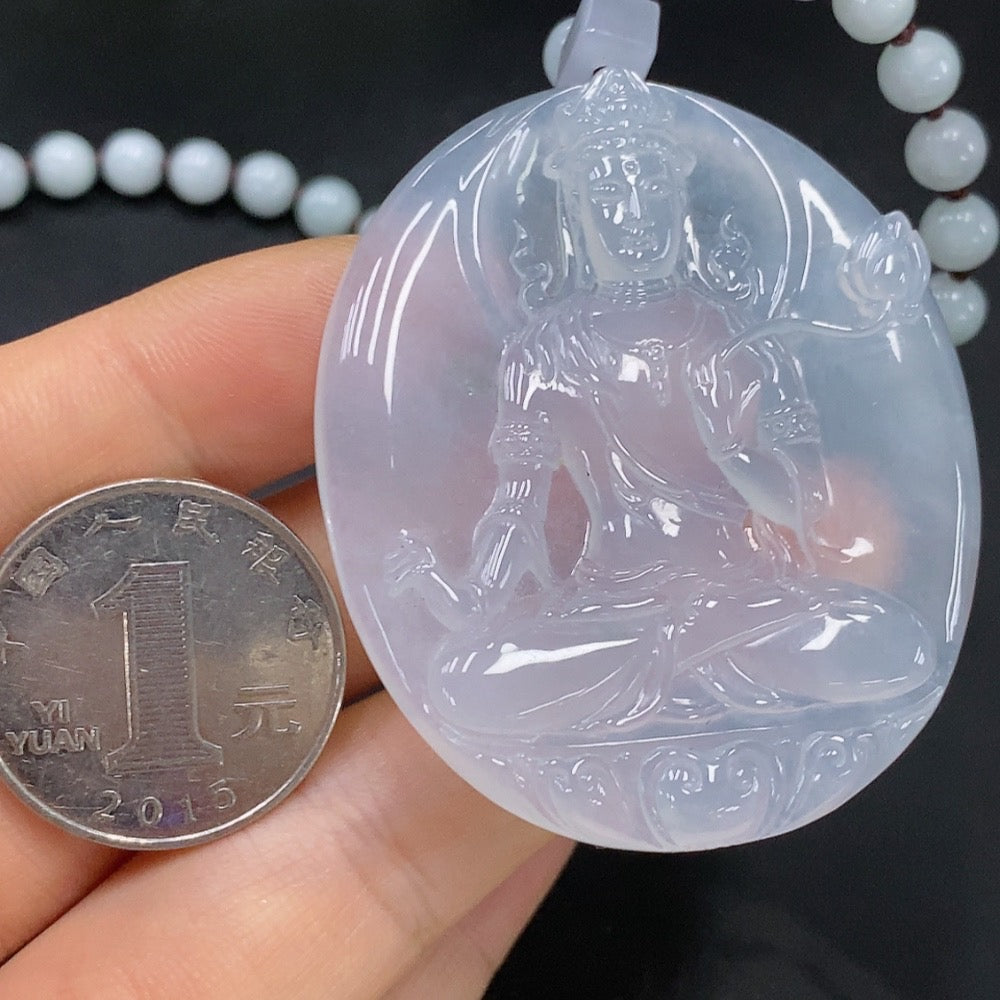 Jadeite Guanyin Pendant with a Total Weight of Approximately 61.89g (Including Chain) and Yellow Beads of Undetermined Color Origin