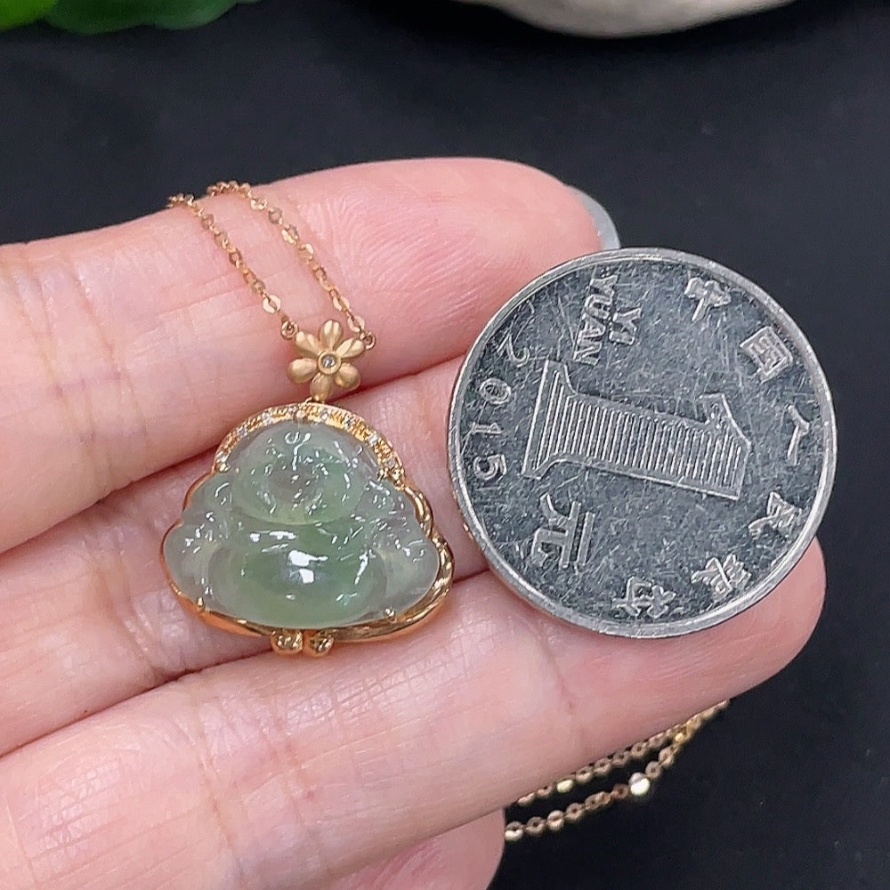 Jadeite Buddha Pendant 18K Gold Total Weight Approx. 3g with Diamond Accent Single Non-Diamond Stone Including Chain