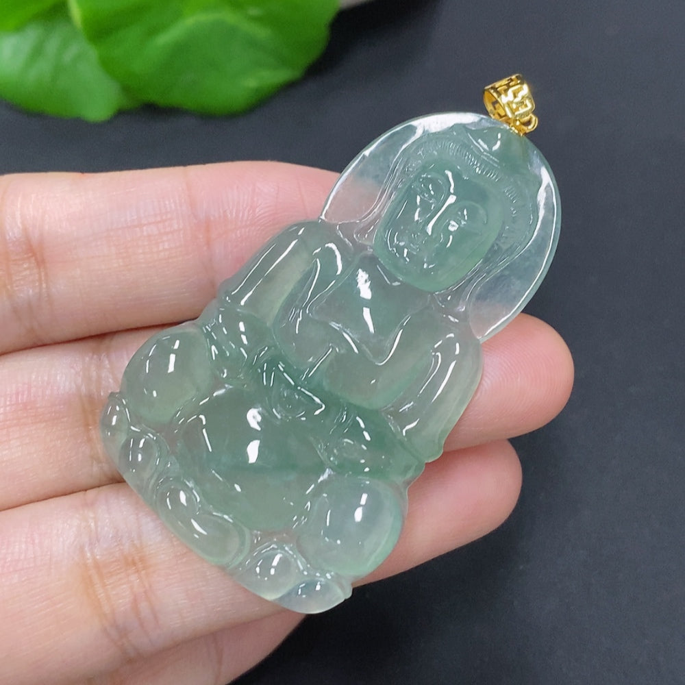 Jadeite Guanyin Pendant with 18K Gold Clasp