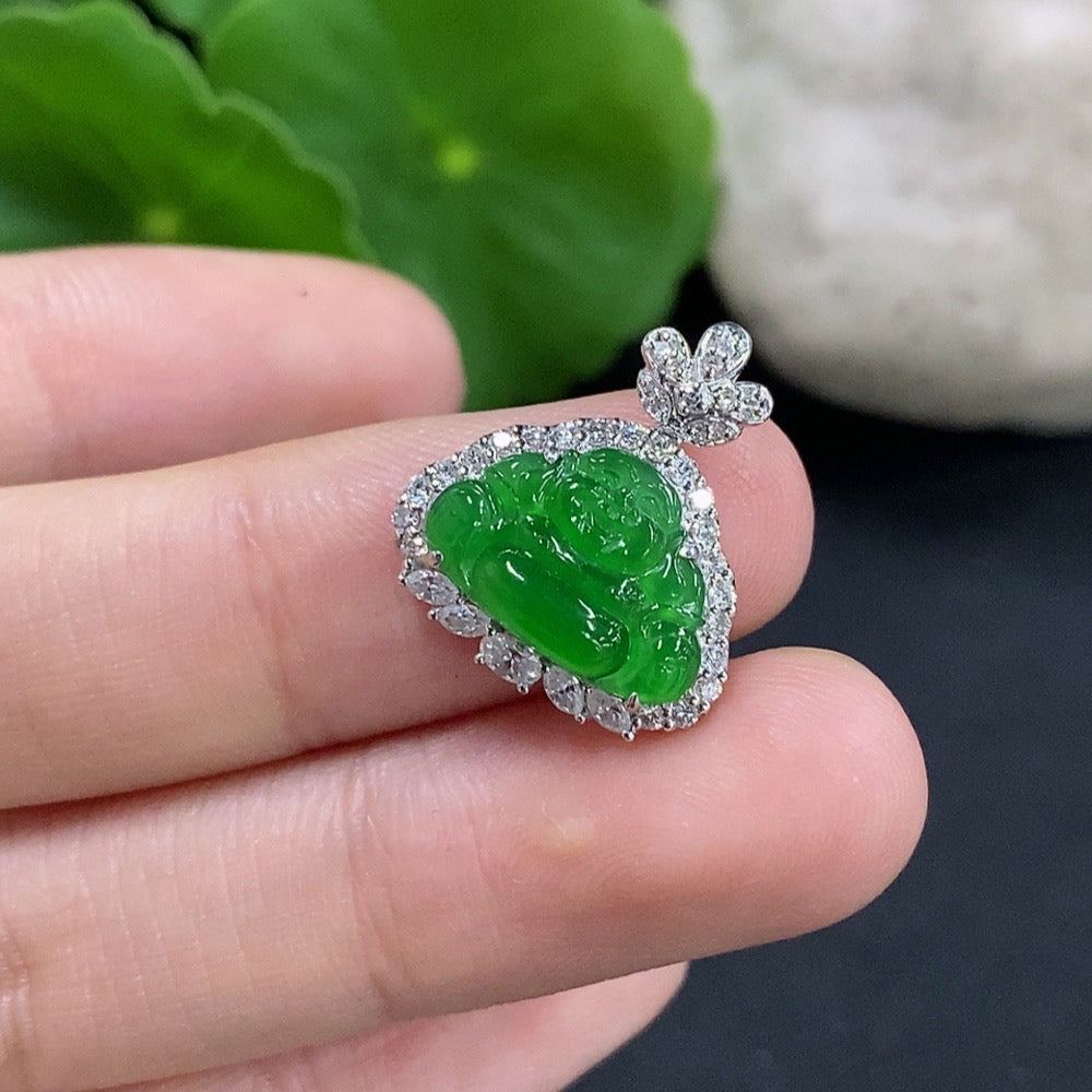 Jadeite Buddha Pendant Set in 18K Gold with Diamond Accents (Smallest Only) Total Weight Approx. 1.97g