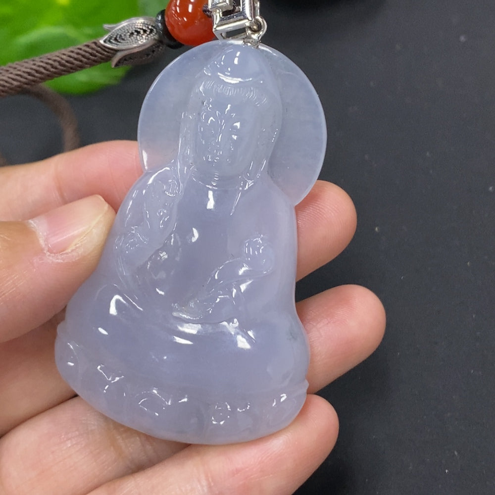 Jadeite Guanyin Pendant with 18K Gold Clasp, Total Weight Including Rope Approximately 38.9g (Rope Accessories Not Gold) (Diamond Accents)