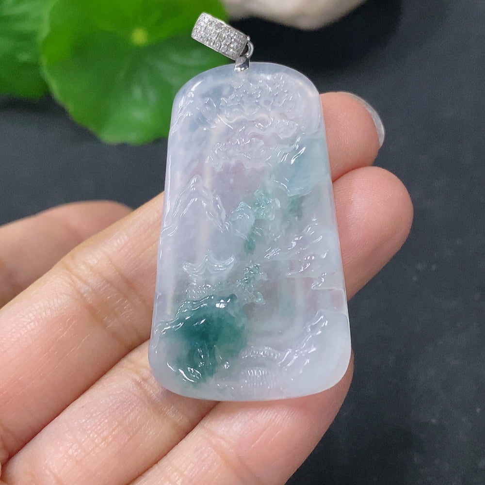 Jadeite Pendant Landscape Plaque with and Diamond Accents, Approximately | Huiliu Certified