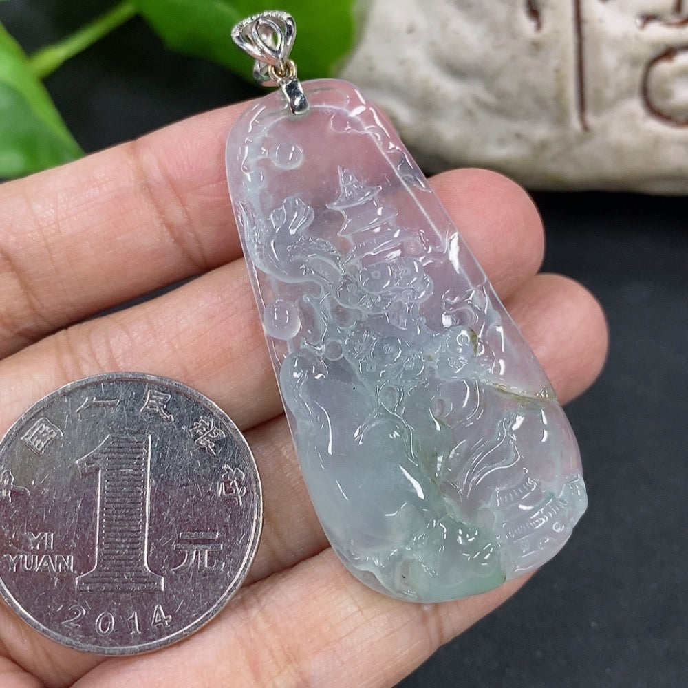 Jadeite Pendant Landscape Plaque with 18K Gold and Diamond Accents