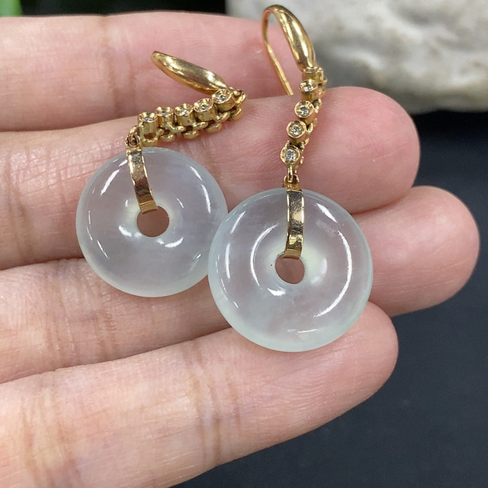 Jadeite Safety Buckle Inlaid Ear Hook Pair, 18K Gold Inlaid with Diamonds, Total Product Weight Approximately 7.29g