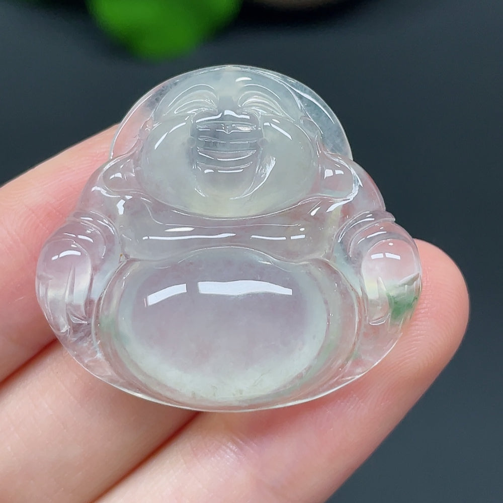 Jadeite Buddha pendant from HKHQ, featuring a detailed carved Buddha figure, weighing approximately 8.20g.
