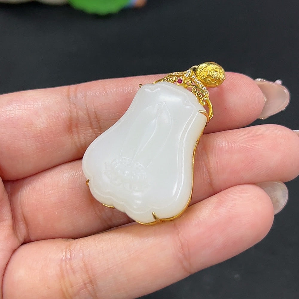 Hetian Jade Inlaid Pendant Ping Ping An An Total Weight Approx. 18.3g 18k Non-Diamond