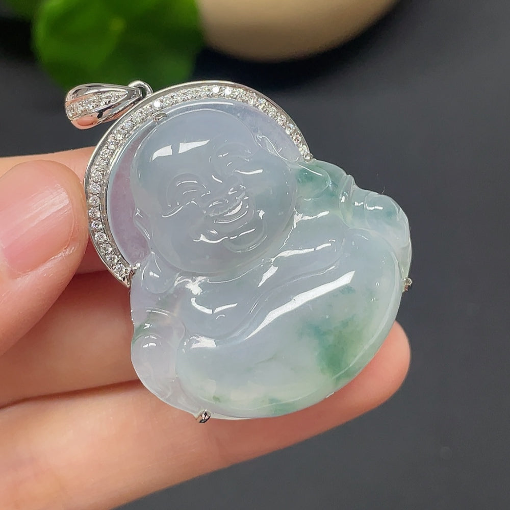 Jadeite Buddha Pendant Set in 18k Gold with Diamond Accents