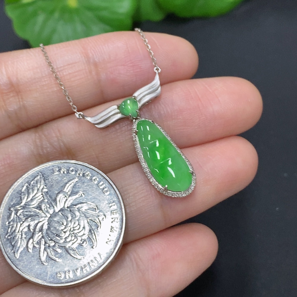 Jadeite Lucky Bean Pendant with 18K Gold and Diamond Accents, Total Weight Approximately 2.7g Including Chain
