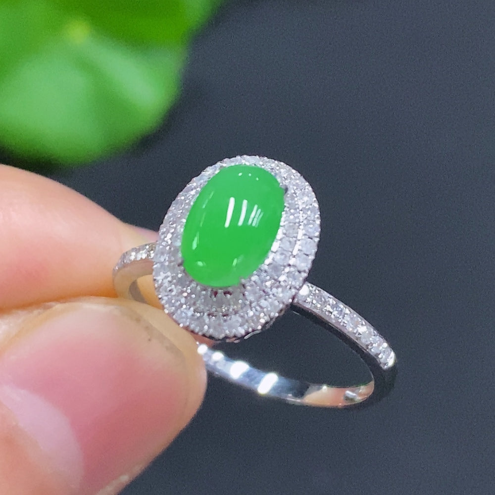 Jadeite Cabochon Inlaid Ring 18K Gold Size 15 Total Weight Approx. 2.1g (With Diamond Accents)