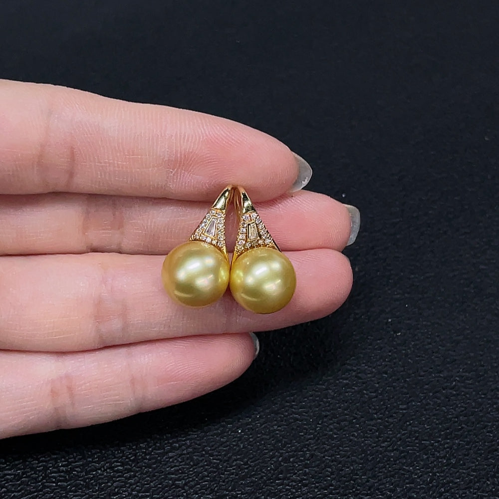 Seawater Pearl Earrings with 18k Gold, Approximately 11mm, Color Origin Undetermined, Accented with Diamonds