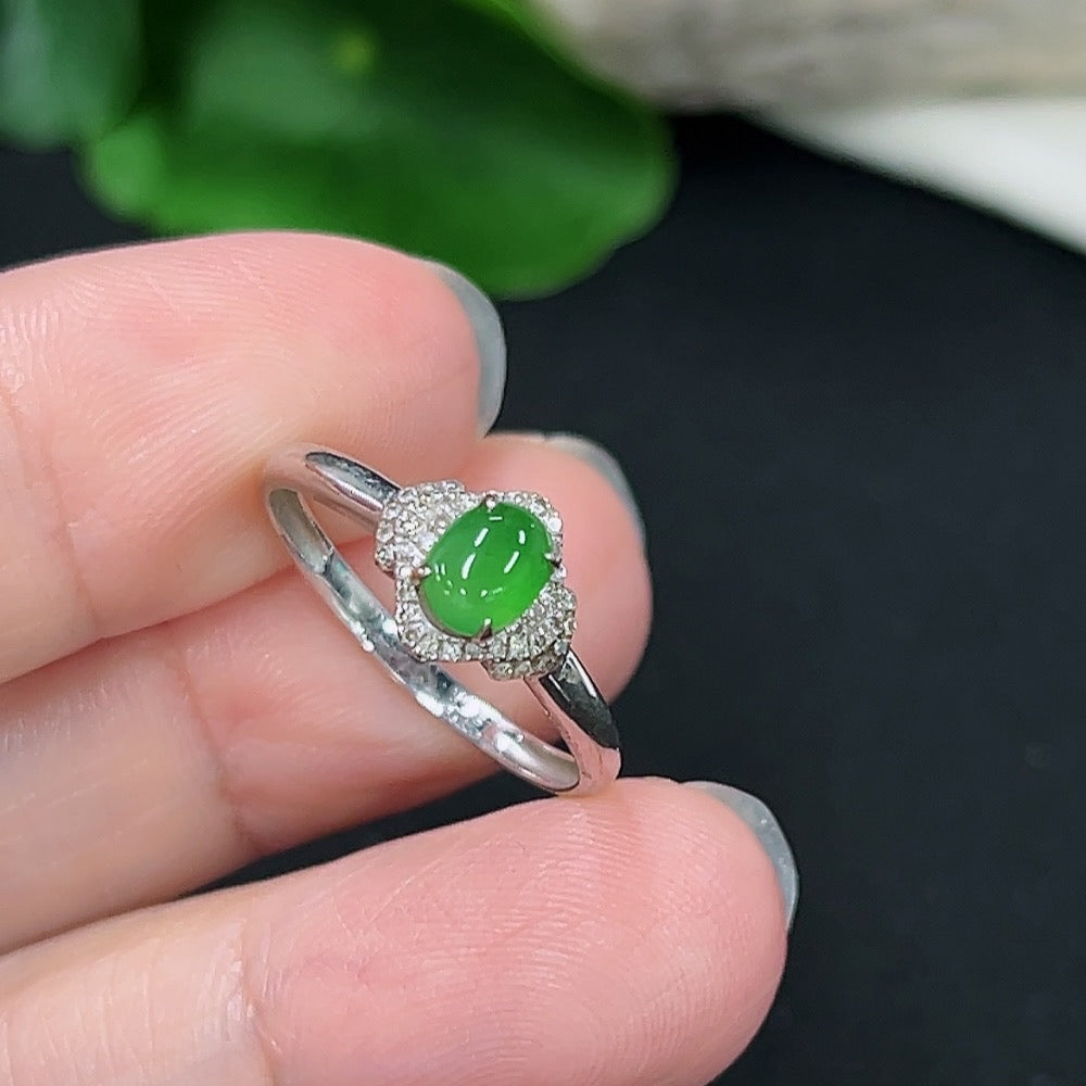 Jadeite and Diamond Ring in 18k Gold, Size 14, Total Weight Approx. 1.37g
