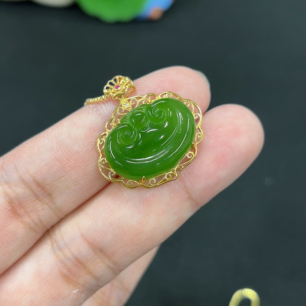 Hetian Jade Jasper Ruyi pendant necklace by HKHQ with intricate inlay design, showcasing a traditional Chinese jewelry piece.