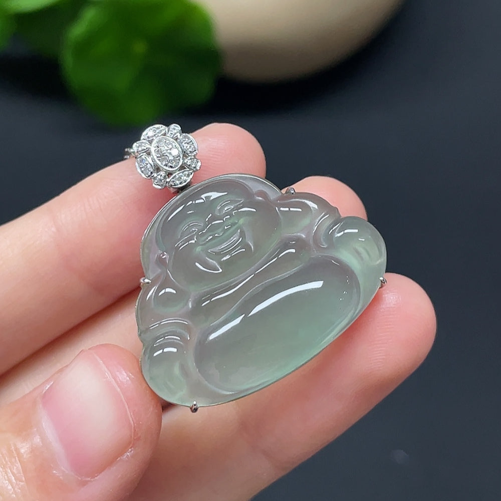 Jadeite Buddha pendant with diamonds on 18k chain, marked PT99%, featuring red accents and a total weight of 13.47g.