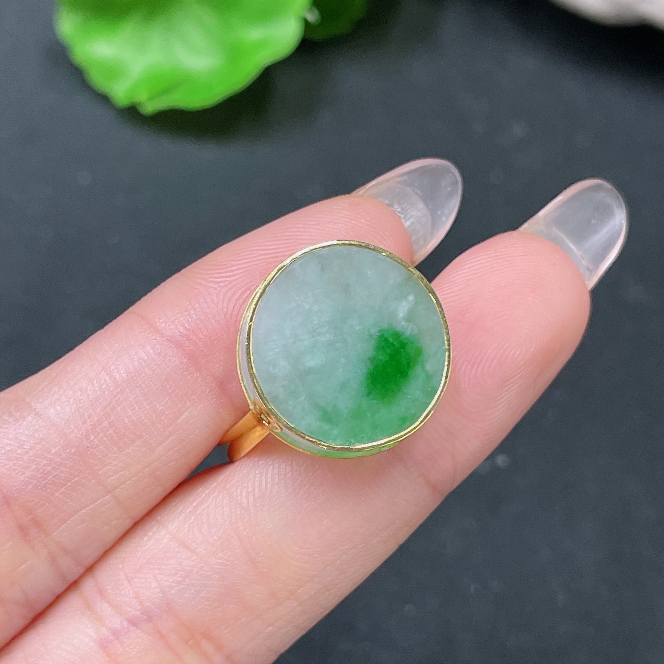 Jadeite Inlaid Ring Size 17 18k Band with 66% Gold Total Weight Approximately 4.12g