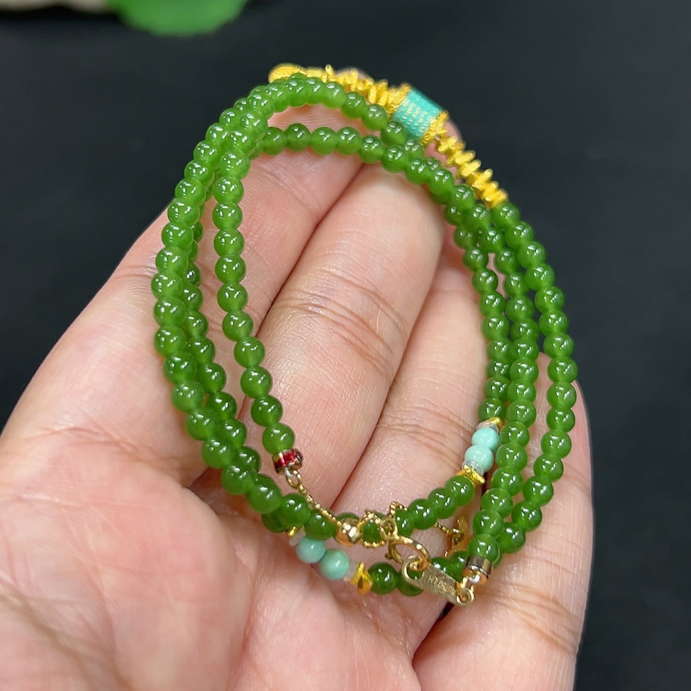 Hetian Jade Jasper Bead Necklace, approx. 3.5mm, total weight approx. 11.4g, marked red non-gold, uncertain color parts, undetectable string, rest 18k, non-Hetian Jade accessory beads