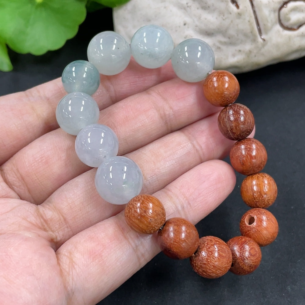 Jadeite and wood bead bracelet with 12.2mm beads and 23.8g weight, featuring green jade and natural wooden accents.